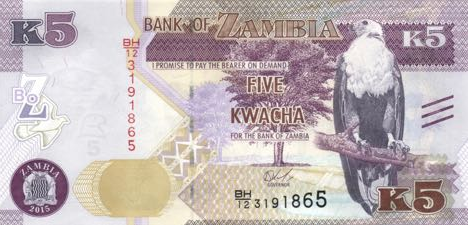 P57 Zambia 5 Kwacha Year 2015 (With Blind Marks)